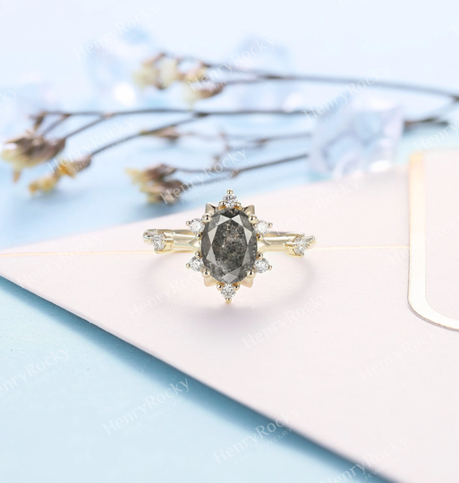 Antique Salt & Pepper Diamond Engagement Ring Oval Shaped Yellow Gold Bridal Ring Art Deco Wedding Anniversary Promise
