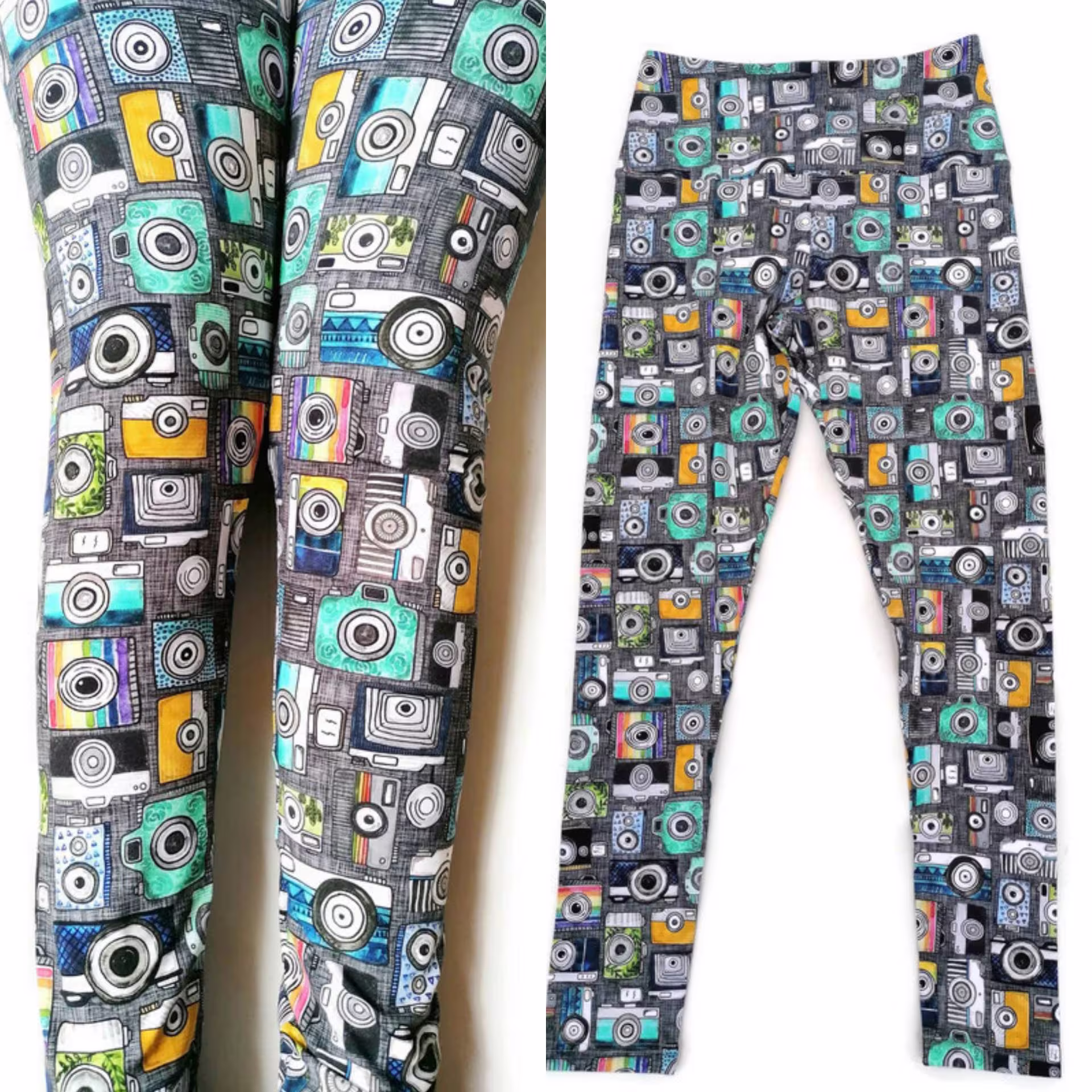 Organic Womens Leggings, Retro Camera Bright Pants, Funky Woman, Handmade in The Uk, Photography Gift, Cool Leggings