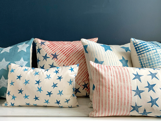 Organic Cotton Stars & Stripes Decor Pillows. Handprinted & One Of A Kind Cushion Covers. Indoor/Outdoor. Eco-Friendly