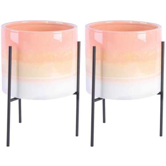 Reactive Glaze Plant Pots on Stands - 19cm - Pink/Black - Pack of 2 - Nicola Spring