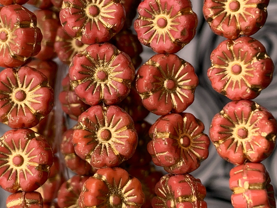 Coral Red Mini Flower Beads W Gold Metallic Wash 8mm Satin Opaque Red Czech Glass Hawaiian Flower 12Pc