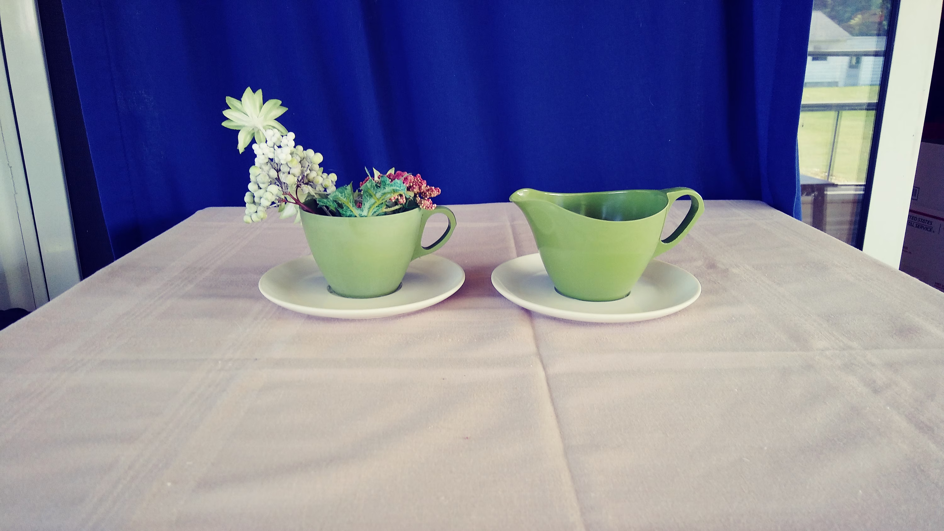 Vintage Matching Planters Up-Cycled From Avocado Green Melmac Cups & Saucers