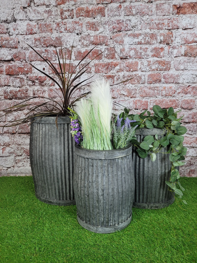 3 Large Galvanised Metal Planters Dolly Tub Outdoor Plant Pot Decor Ornament Garden Patio Grey 3922