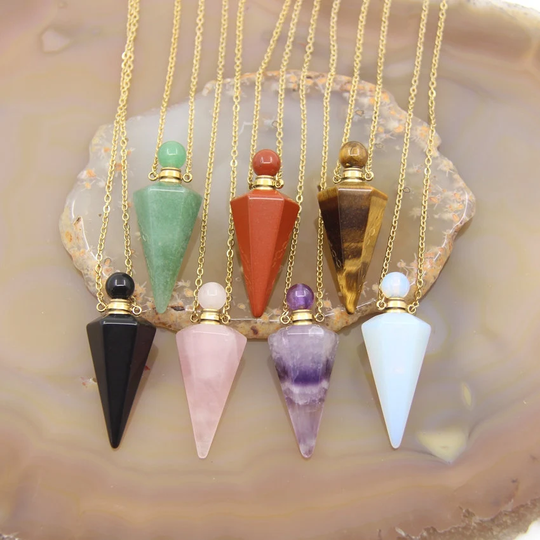 Faceted Cone Point Pendulum Perfume Bottle Pendant Necklace, Healing Crystal Obsidian Rose Quartz Gemstone Essential Oil Diffuser Vial Charms
