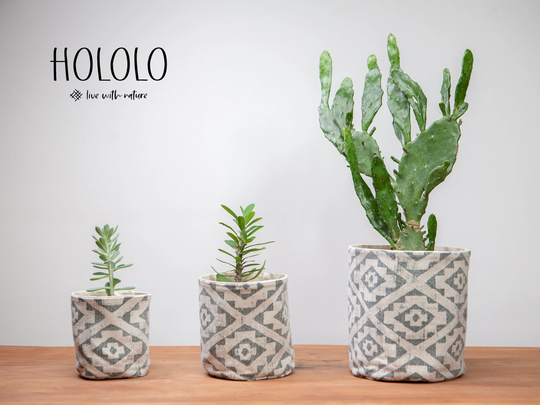 Gray Ikat Plant Pot Cover, Geometric Fabric Pot, Canvas Bag, Handmade Scandinavian Home Decor, Stylish Indoor Plant, Natural Gift