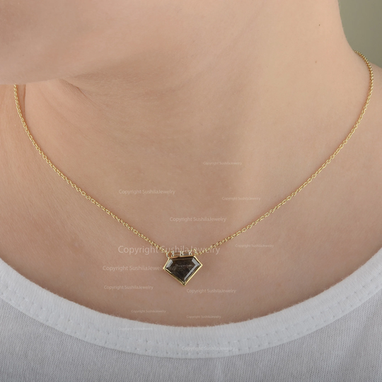 Genuine Salt & Pepper Baguette Diamond Pendant Necklace Solid 14K Yellow Gold Handmade Minimalist Delicate Jewelry Gift