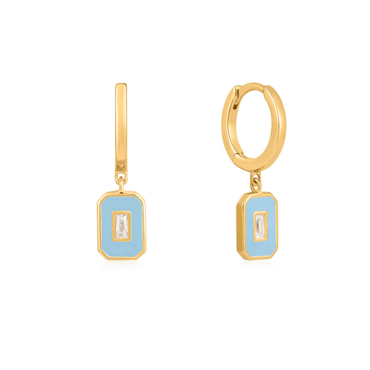 Powder Blue Enamel Emblem Gold Plated 925 Hoop Earrings, Gold