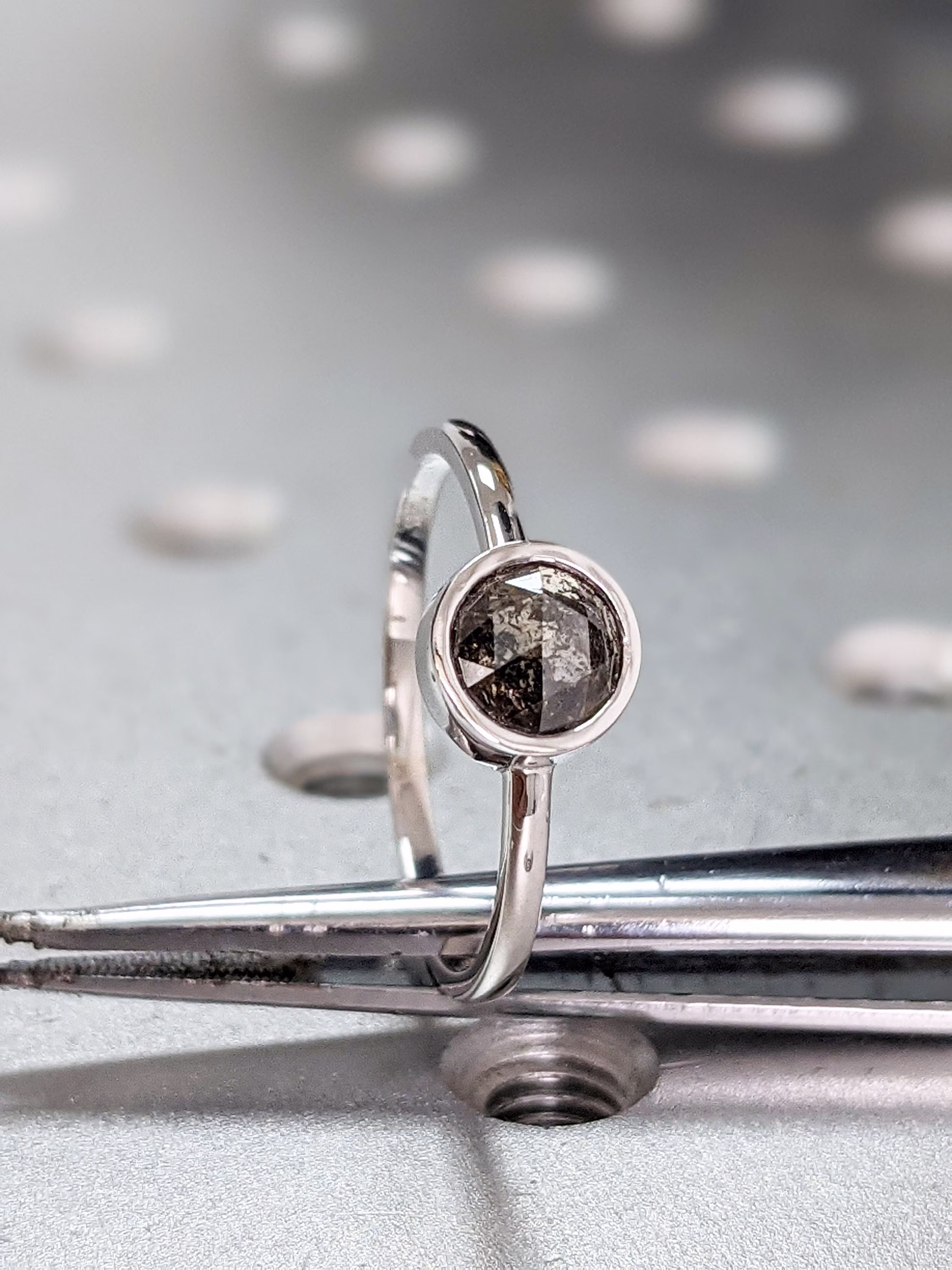 Raw Diamond, Unique Engagement, Salt & Pepper, Black Diamond, Rose Cut, Bezel Setting, Simple Alternative, Custom Handmade Diamond Ring