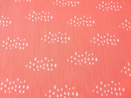 Rainclouds Poplin Organic Cotton Fabric, Raindrops On Coral, Rain Clouds, Monaluna, Vintage 74, By The Yard Or Half
