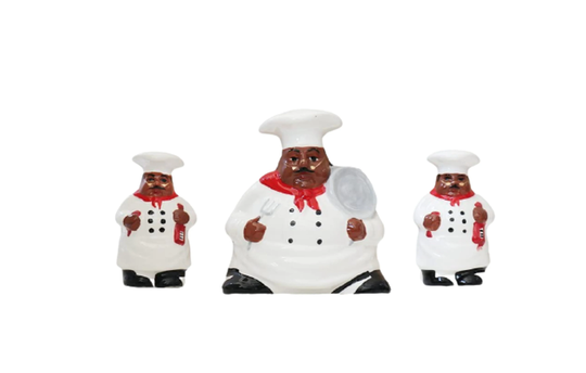 Afro Chef Figurine Salt & Pepper Shaker Set With Napkin Holder
