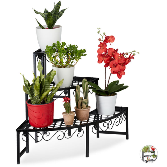 Metal Flower Rack, Plant Shelf, 3 Tiers, Half-Round, Garden Plant Stand for Garden, Balcony or Patio, Black - Relaxdays