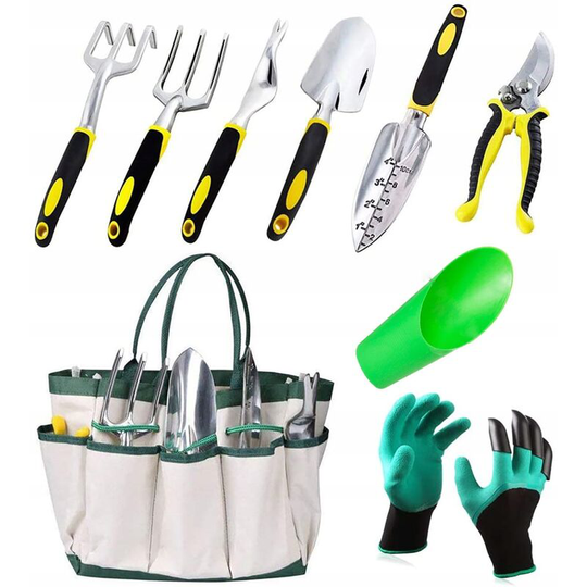 BetterLife set of 7 pieces + gloves + cup, set of garden planting tools, flower planting tool, flower tool in pots, green