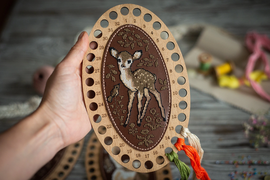 Baby Deer Cross-stitch Pattern, Thread Holder Making Diy Kit, Woodland Animal Embroidery Design, Wooden Oval Floss Organizer