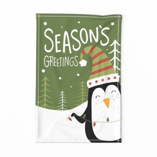 Holiday Tea Towel - Seasons Greetings By Ammiecreative Trees Snow Christmas Holidays Lights Linen Cotton Canvas Spoonflower