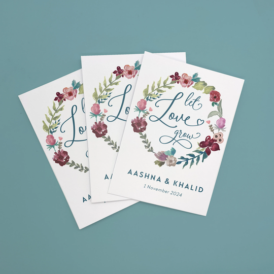 Seed Packet Wedding Favours, Seeds Included, Burgundy & Teal Let Love Grow Wreath, Bridal Shower Favors, Rustic Wedding, Botanical