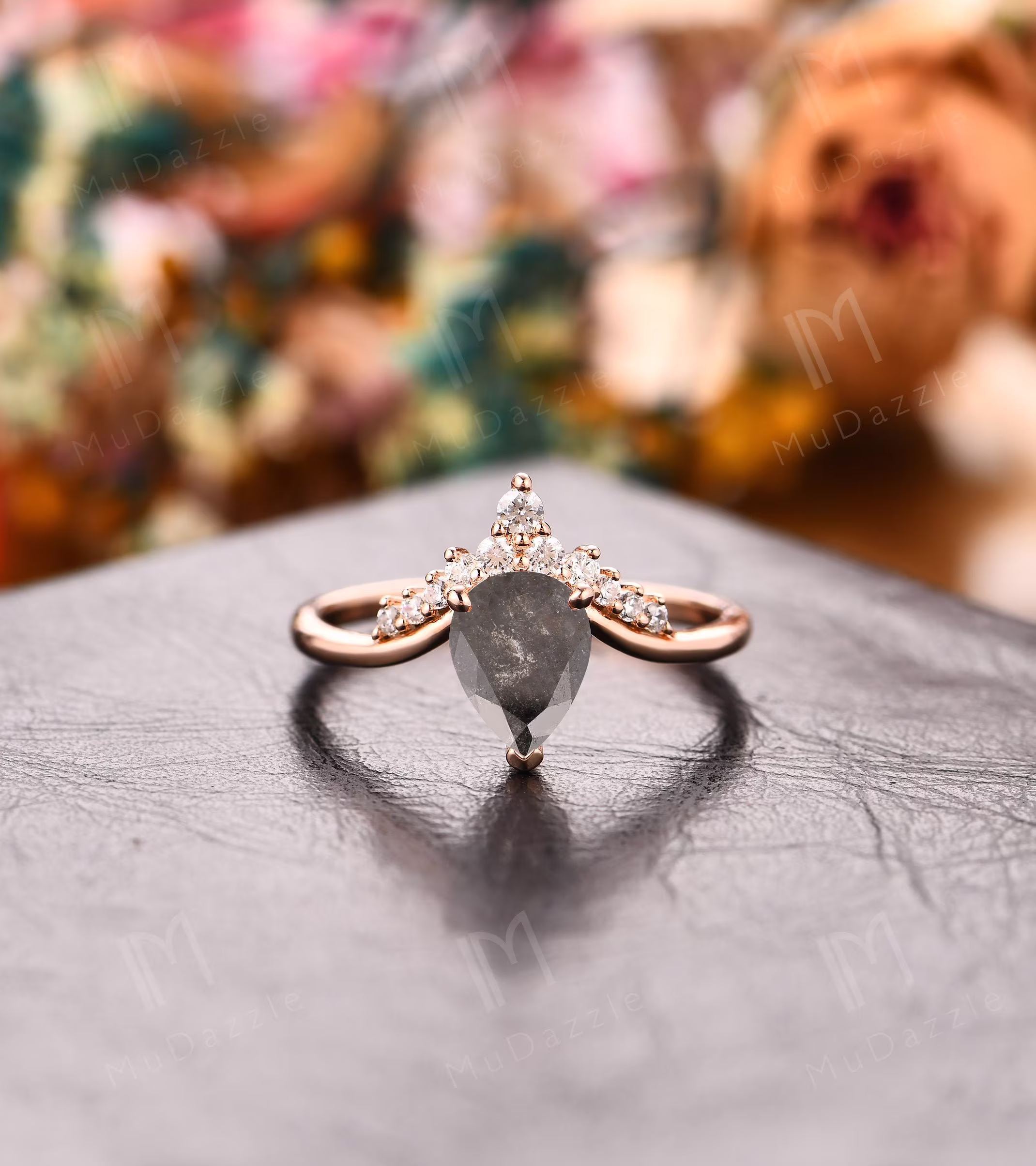 Vintage 6x8mm Pear Shaped Salt & Pepper Diamond Women's Engagement Wedding Ring// & Ring Gold// Promise Proposal