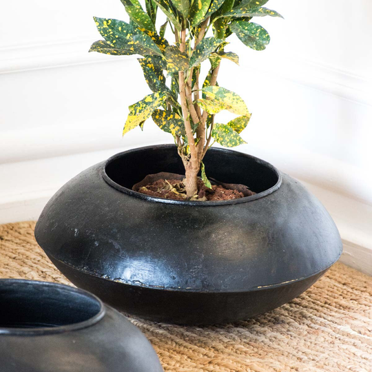 Round Metal Planter With Black Finish/Floor-Mounted Iron Flat Belly Table-Top Or Floor-Mounted Rustic Industrial