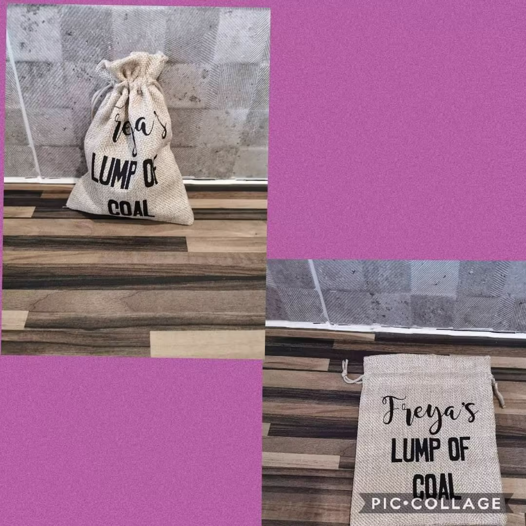 Personalised Lump Of Coal Bag, Novelty Christmas, Hessian Small Holiday Humour, Seasonal Gift, Stocking Filler Christmas Eve Box