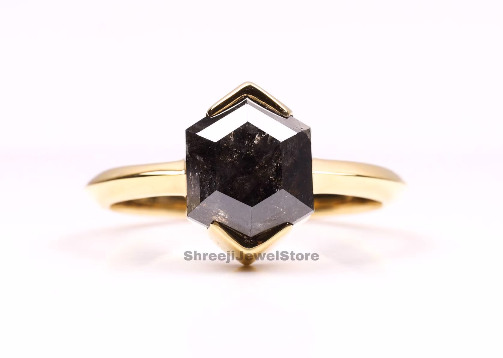 Salt & Pepper Diamond Ring | Minimalist Hexagon Shape Unique Engagement Galaxy J0088