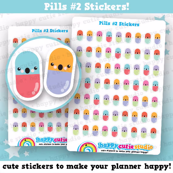 63 Cute Pill #2/Medicine/Tablet Planner Stickers