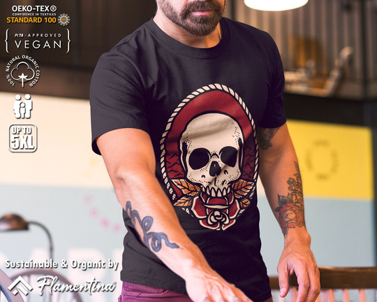 Flowers Skull Organic Cotton T-Shirt Tattoo Machine Hand Drawn Black Ink Studio Body Dye P041 | Mens, Womens & Kids Sizes