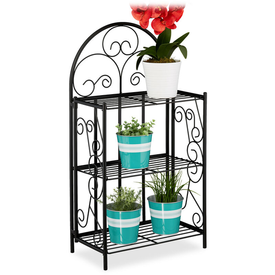Plant Stand, Flower Rack with 3 Shelves, Foldable, h x w x d: 83 x 44.5 x 25 cm, Metal, Black - Relaxdays