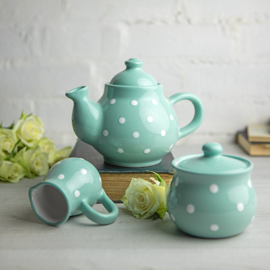 Teal Ceramic Tea Set, Handmade Teapot Small Teapot, Milk Jug, Sugar Bowl Stoneware Pottery With White Polka Dot