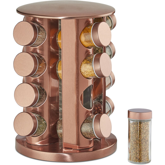 Spice Rack, 16 Glass Jars, Rotatable, Metal, h x d: approx. 28 x 22 cm, Copper - Relaxdays