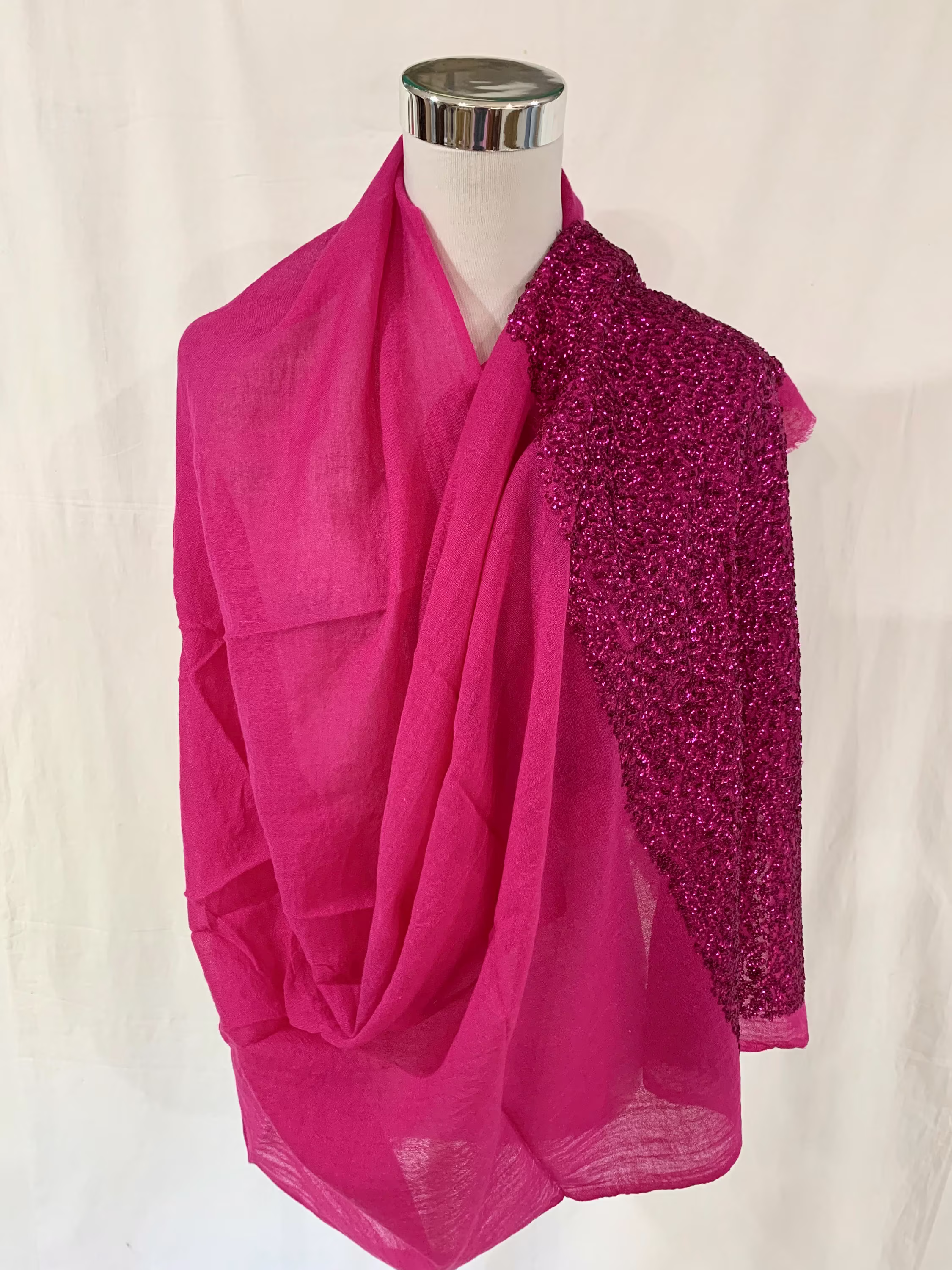 Hot Pink Silk Wool Sequins Wrap, Hand Embroidered Shawl, Evening Wear All Season Formal Wrap