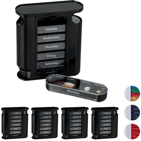 Set of 5 Relaxdays 7-Day Pill Tower, Weekly Medicine Boxes, 4 Compartments, Sliding Lids, Black