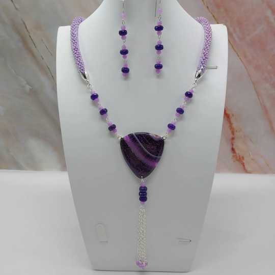 Gemstone Lilac Seed Bead Spiral Crochet Long Necklace Set, Jewelry, Statement Jewelry Unique