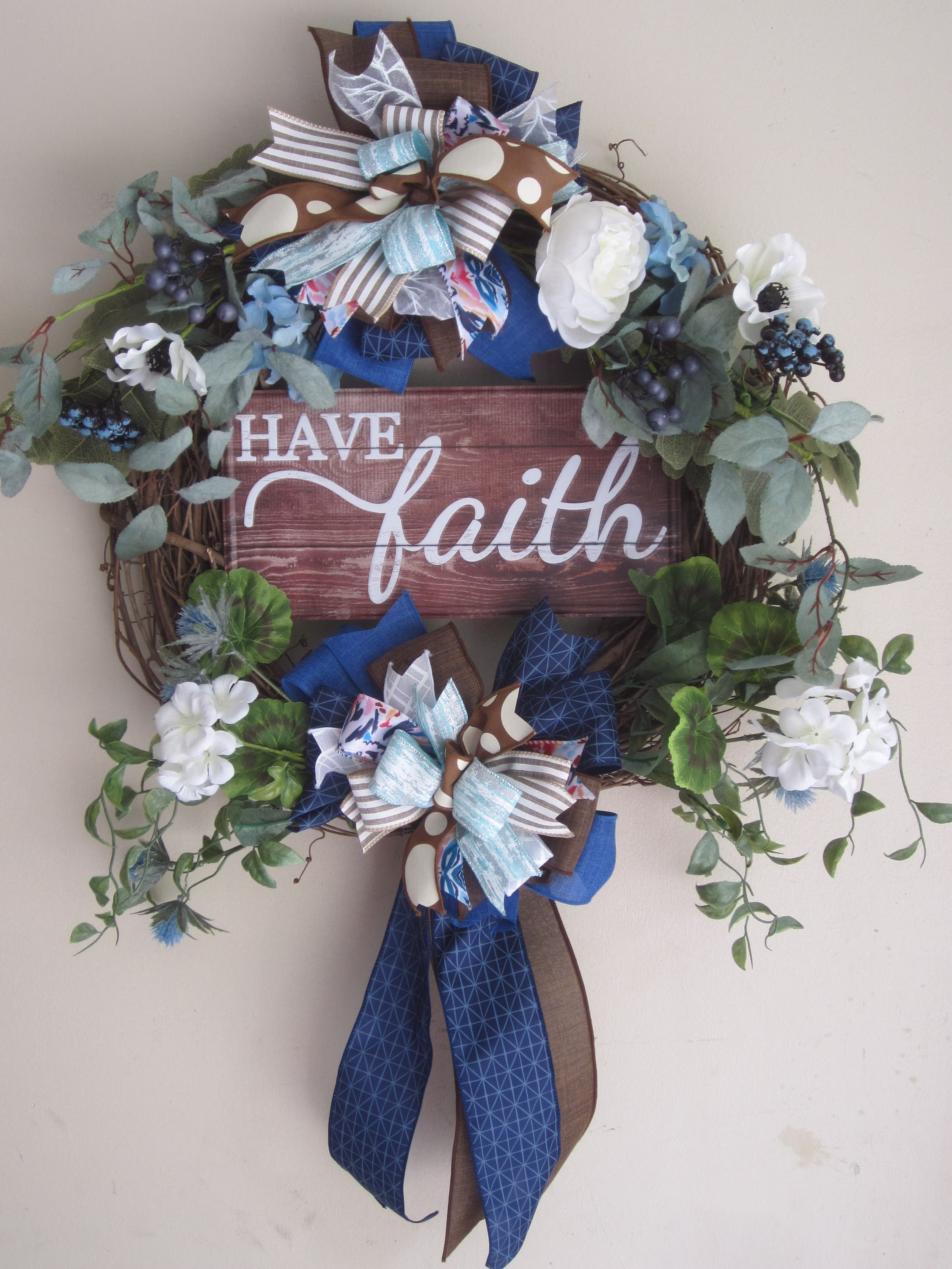 Have Faith Wreath, Religious, Inspirational Front Door Decor, Blue & Brown, Grapevine Floral Ribbon Wreath For Every Season