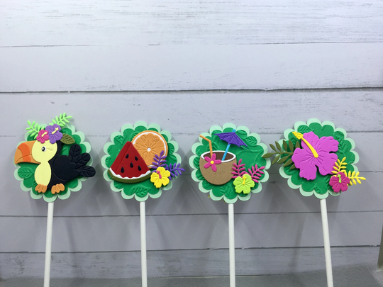 Tropical Toucan Flower Fruit Hibiscus Island Luau Cupcake Toppers