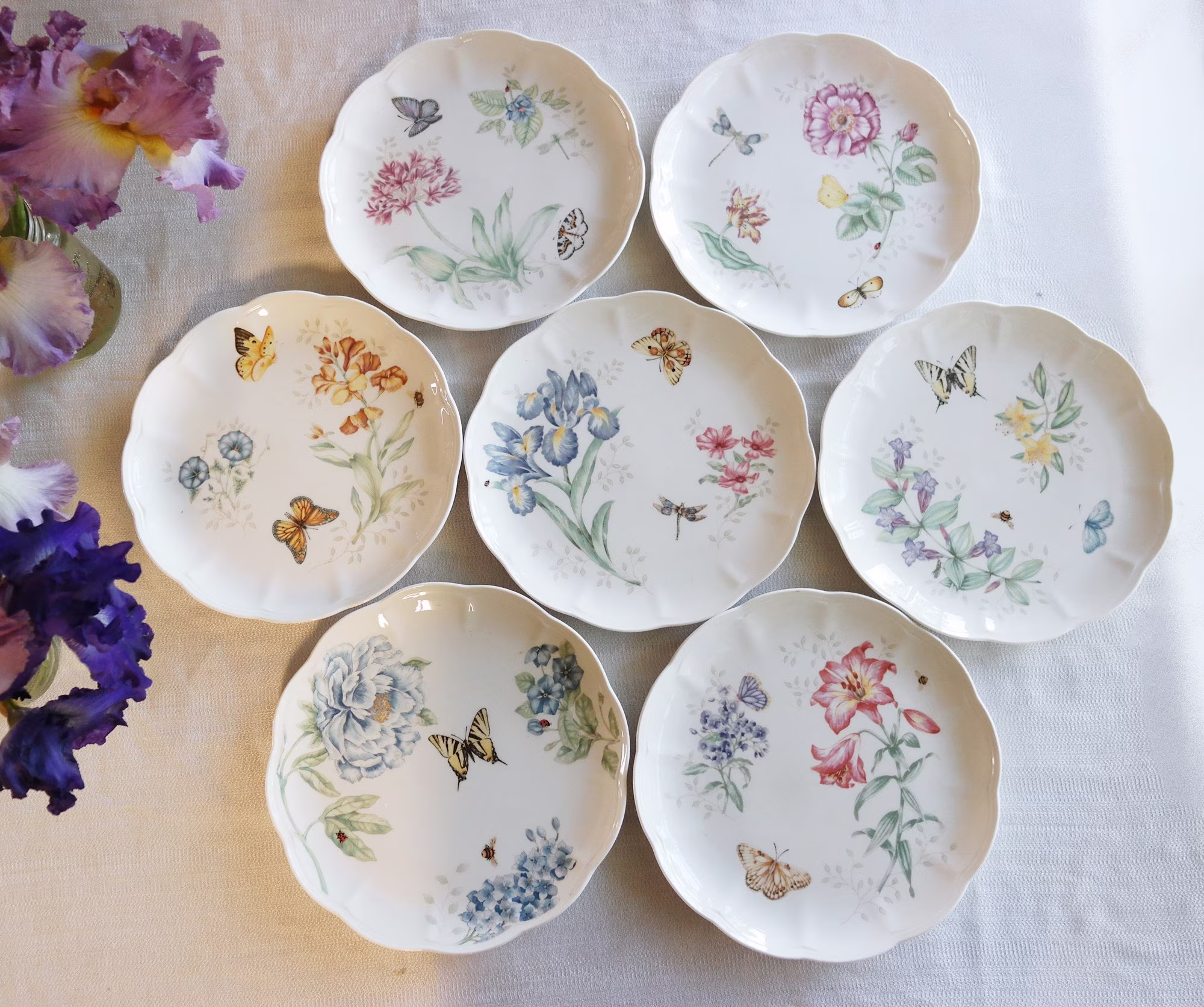 Lenox Dinner Plates - Butterfly Meadow Pattern Garden Plants Flowers Butterflies Bugs Pink Blue Green Yellow White Priced Per Plate