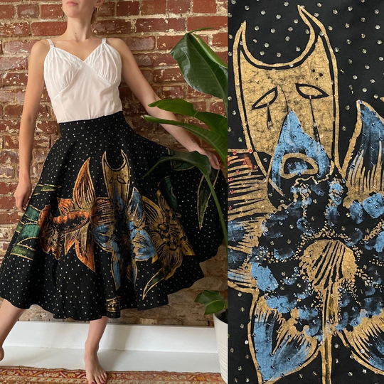 Vintage 1950S Hand Painted Floral Sequin Circle Skirt - 50S Novelty Hibiscus Flower Tragedy Mask Med 28-30