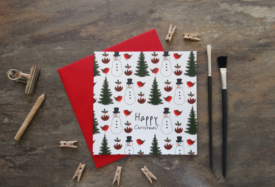 By The Shed - Christmas Card Melody Xmas Card, Seasons Greetings, Festive, Robin , Holly, Fir Tree, Pudding, Snowman