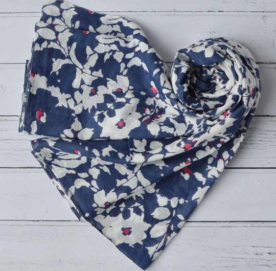 Organic Cotton Scarf Large Blue & White Abstract Floral Design Wrap