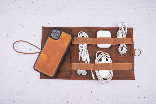 Leather Personalized Technology Organizer Bag, Cable -Best Charger-Cable Storage Roll &, Passport Holder, Travel Charging Roll