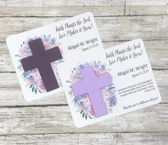 Plantable Seed Paper Cross Watercolor Flowers Baptism Favors Set Of 12 - First Communion, Baby Dedication Cards Eco-Friendly Wildflower