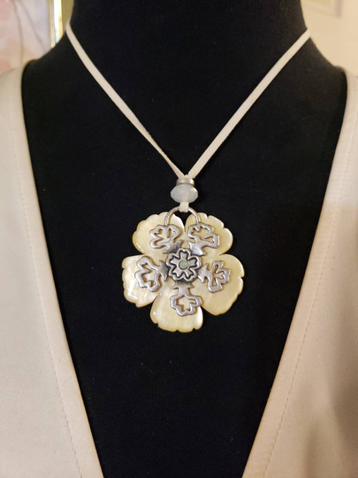 Reversible Mother Of Pearl Seasons Necklace, By Pilgrim Danish Design, Yellow With Snowflake Overlay To Blue & White Flower , 14" - 17