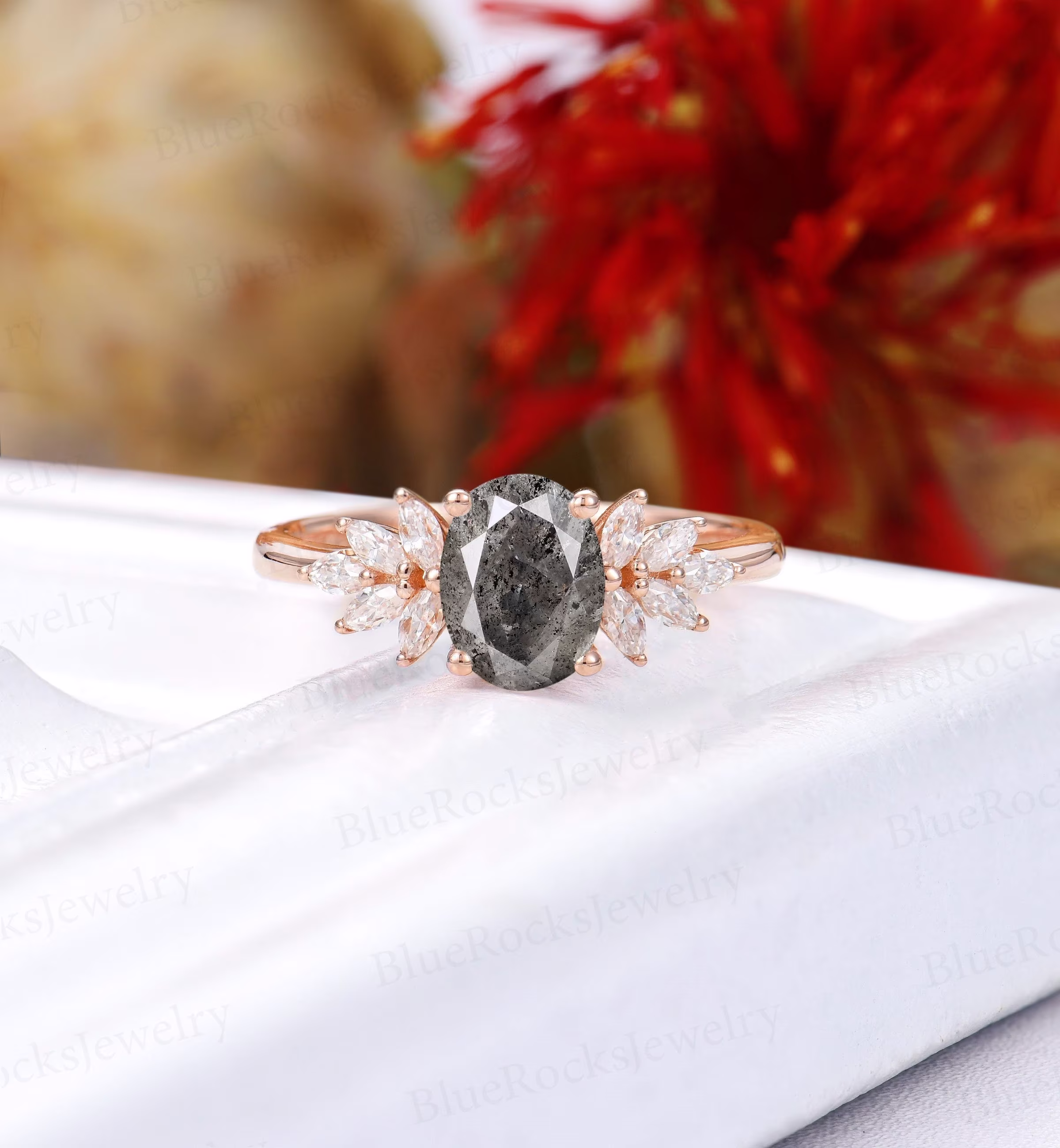Salt & Pepper Diamond Engagement Ring, Art Deco Rose Gold Ring Oval Prong Set Diamond, Bridal Moissanite Cluster Wedding, Anniversary Ring