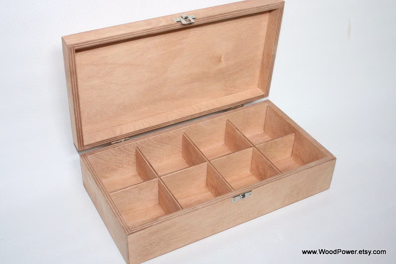Wooden Tea Box With 8 Compartments/Light Brown Keepsake Jewelry Gift Storage Plywood Organizer