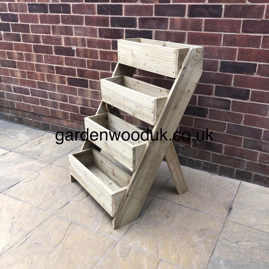 Rustic Wooden 4 Tiered Garden Herb Planter 600mm Wide. Freestanding Ladder Planter. Multi-Level Step Box Trough