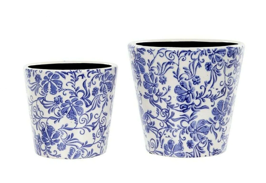 Round Ceramic Floral Planter in Blue | Glazed Clay Home & Garden Flower Pot Vase