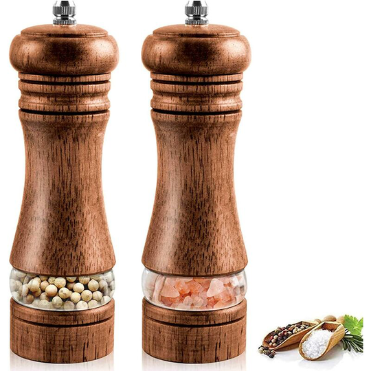 Pepper and Salt Mills, Wooden Salt and Pepper Shakers, Adjustable with Ceramic Spice Grinder, Classic Pepper Grinder, Set of 2 (6.5 inch) - Oak