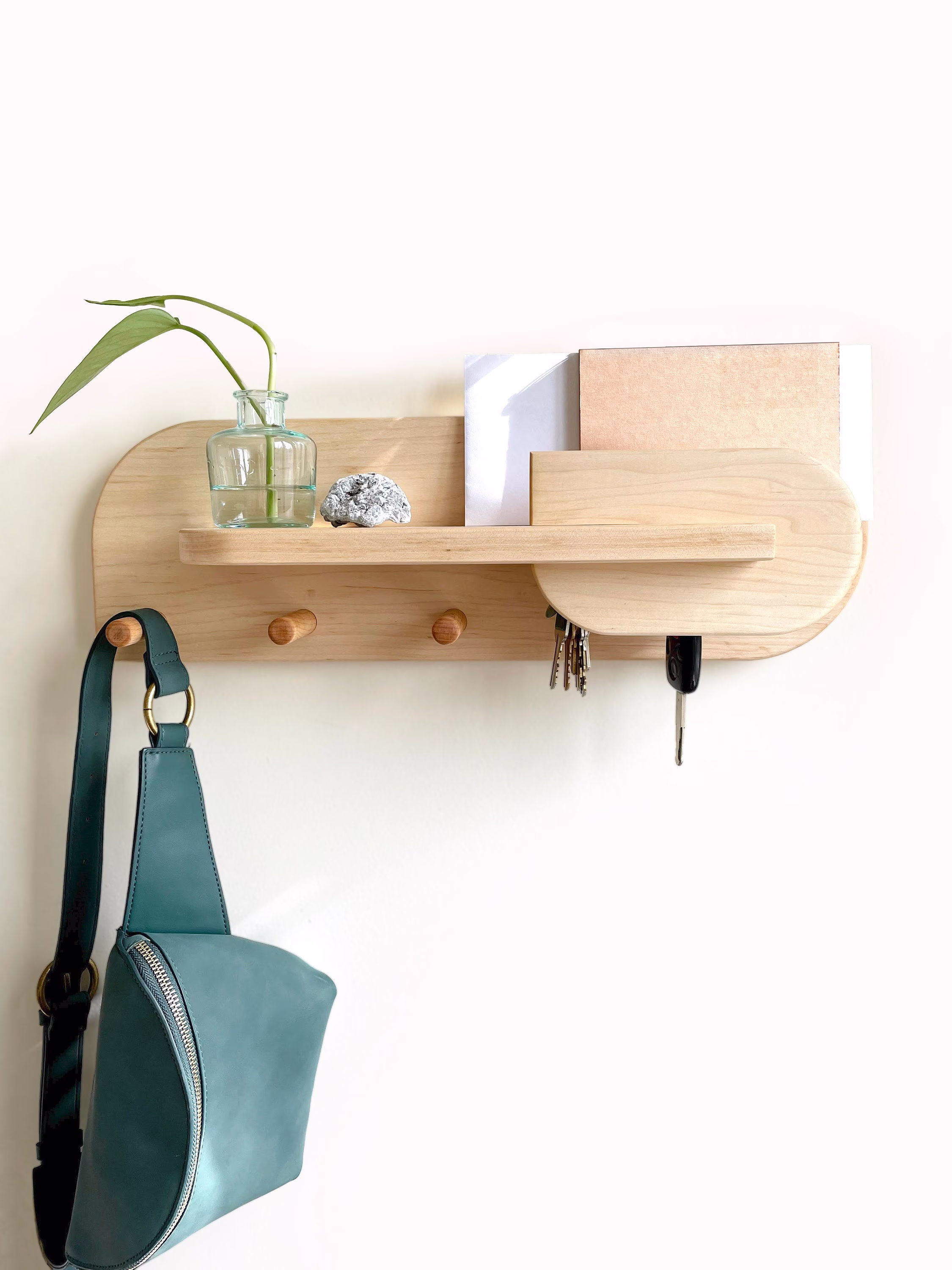 Hardwood Maple Entryway Organizer, Wall Mount Coat Rack With Shelf, Key Holder, Mail Organization For Home Decor
