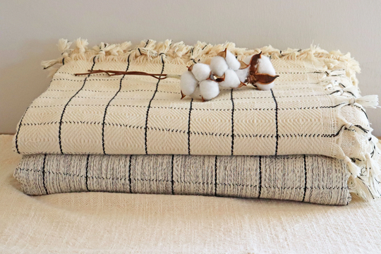 Black White Plaid Throw Blanket - Organic Cotton Bedspread Soft Striped Large Farmhouse Decor Wedding Gift