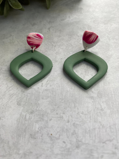 Green Polymer Clay Earrings, Hibiscus Flower Pink & Dangles, Statement Gifts For Women, Mom