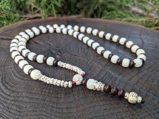 White Bodhi Root & Raktu Seed Mala Prayer Necklace Tibetan Buddhist 108 Meditation Beads Japa Yoga Jewelry