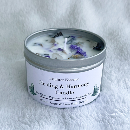 Healing & Harmony Candle 8Oz | Clear Quartz, Peppermint Leaves, & Forget-Me-Not's Infused Wood Sage Sea Salt Scent